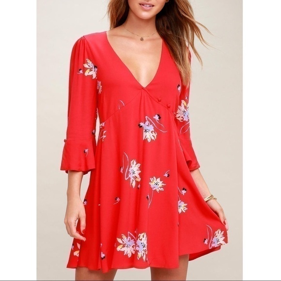 𝅺Free People Time On My Side Floral Print Wrap Dress Red - Picture 1 of 4